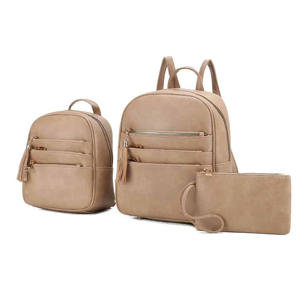 Roxane Vegan Leather Women’s Backpack with Mini Backpack and Wristlet Pouch- 3 pieces