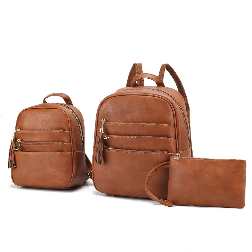 Roxane Vegan Leather Women’s Backpack with Mini Backpack and Wristlet Pouch- 3 pieces