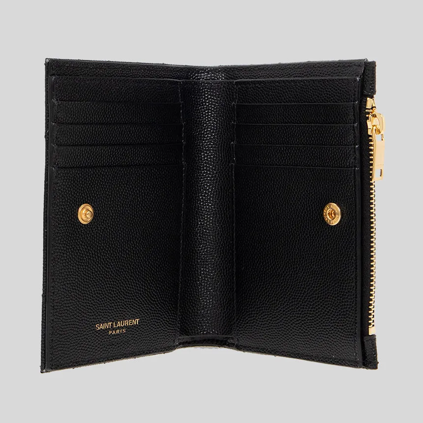 SAINT LAURENT YSL Cassandre Matelasse Fragments Bi-Fold Wallet In Grain De Poudre Leather Black 668287BOW01