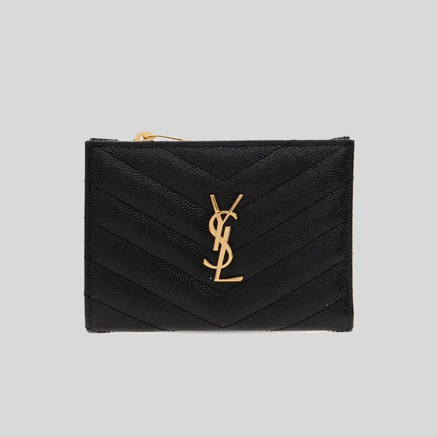 SAINT LAURENT YSL Cassandre Matelasse Fragments Bi-Fold Wallet In Grain De Poudre Leather Black 668287BOW01