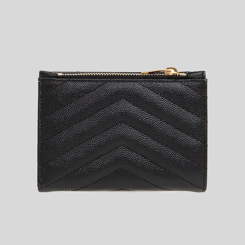 SAINT LAURENT YSL Cassandre Matelasse Fragments Bi-Fold Wallet In Grain De Poudre Leather Black 668287BOW01